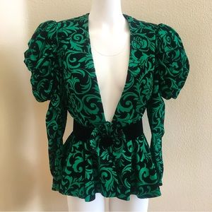 Vintage 80s Jill Richards Jacket Top in Small Green w/ black velvet Saks 5th Ave